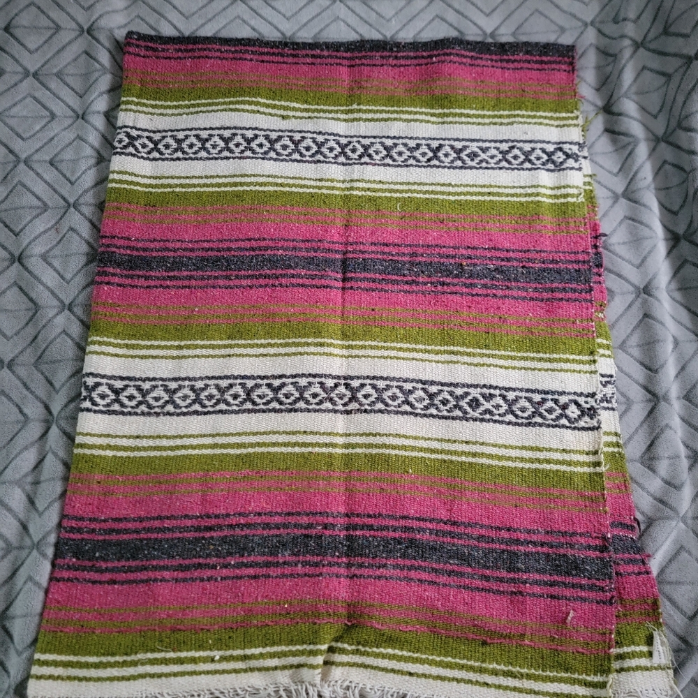 Vintage Artesanias Reyes Striped Serape Fringe Blanket Throw Pink Green Mexico
